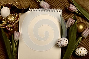 Toned background easter tulips and eggs