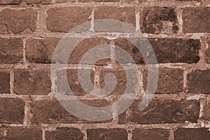 A toned background of a piece of brick wall closeup inside an antique antique house. Background, texture