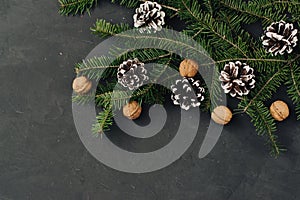 Toned christmas dark holiday background, natural decorations set in a composition with spruce branches, pinecones