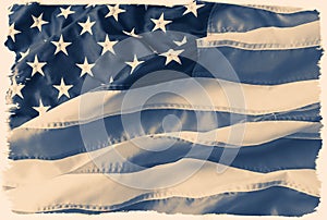 Toned, faded, desaturated American flag with a vintage film border.