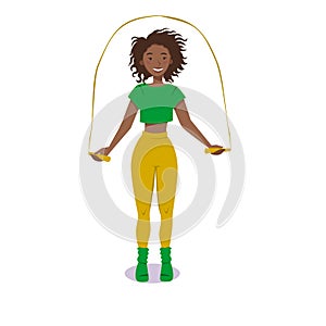 A toned girl does exercises with a skipping rope in sportswear. Flat vector illustration on a white isolated background