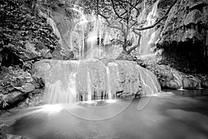 Toned photo huge round rock and tranquil pond in rain forest at Thac Voi waterfall, Thanh Hoa