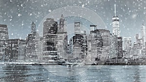 Toned photo of New York City Manhattan downtown skyline at winter night