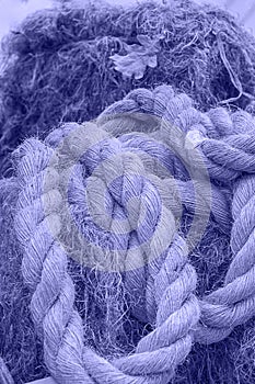 Toned with Very Peri color Rough Cord made from natural plant fiber. Rope detail, closeup. Vertical. Copy space