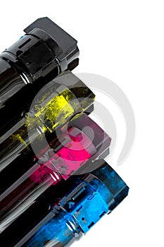 Toner cartridge set for color laser printer. Equipment for printingon white background.