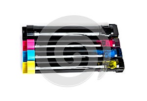 Toner cartridge set for color laser printer. Equipment for printingon white background. View top