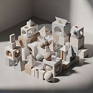 Tones of white gray and beige. Light casts soft shadows adding depth and