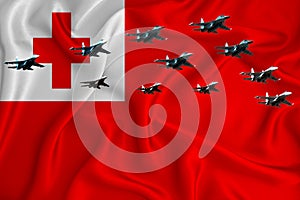 Tonga flag, background with space for your logo - military 3D illustration. Air parade, military air show, air parade of military