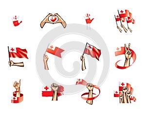Tonga flag and hand on white background. Vector illustration