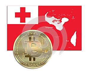 Tonga flag and map with Bitcoin gold coin, isolated on white background