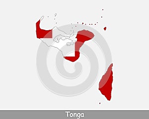 Tonga Flag Map. Map of the Kingdom of Tonga with the Tongan national flag isolated on a white background. Vector Illustration
