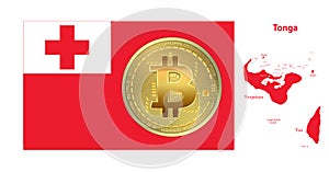Tonga flag and map whit Bitcoin gold coin isolated on white background