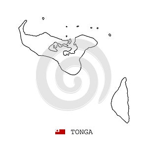 Tonga Islands map line, linear thin vector simple outline and flag. Black on white