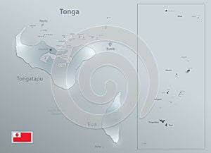 Tonga map, islands with names, design glass card 3D