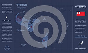 Tonga map, islands with names, infographics blue flat design