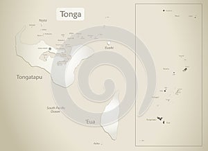 Tonga map, islands with names, old paper background