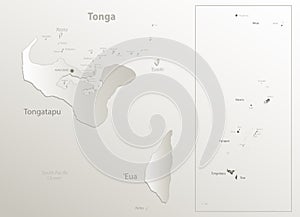 Tonga map, islands and names whit capital city, card paper 3D natural