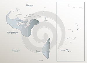 Tonga map, islands with names, white blue card paper 3D