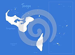 Tonga map, islands whit names, blue background