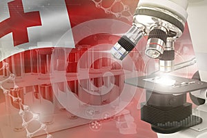 Tonga science development digital background - microscope on flag. Research of genetics design concept, 3D illustration of object