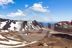 Tongariro National Park. Valley of Three Volcanoes. Snow cliff. North Island, New Zealand