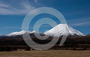 Tongariro and Ngauruhoe/Mount Doom in the North Island near Mount Ruapehu in New Zealand covered in snow