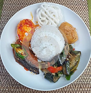 Tongkol Balado or Chilli Tuna Mackerel, Telur Balado, Perkedel, Terong Teri Cabe Ijo with Rice