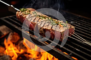 tongs gripping a grilled sesame tuna steak over a charcoal fire