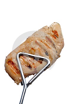 Tongs Holding a Grilled Chicken Breast