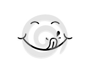 Tongue with drool. Logo for tasty eat. Character of hungry and pleasure. Black cartoon emoji on white background. Doodle avatar of