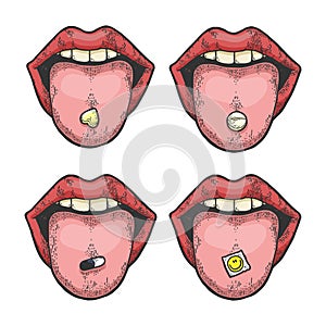 Tongue with drug pills sketch engraving vector photo