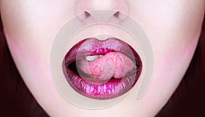Tongue and mouth. Woman lip, female lips. Beautiful lip, lipstick and lipgloss, passionate. lips, tongue out