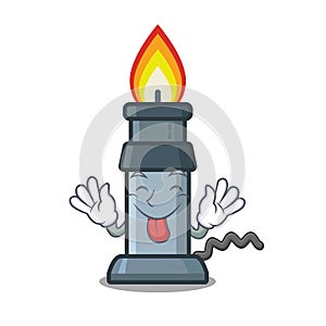 Tongue out bunsen burner above wooden cartoon table