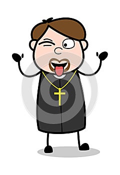 Tongue Out Teasing - Cartoon Priest Religious Vector Illustration