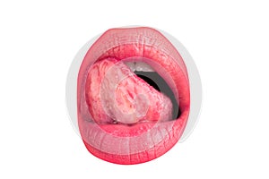 Tongue and sexy female lips. Macro tongue lick lips. Close up of woman mouth.