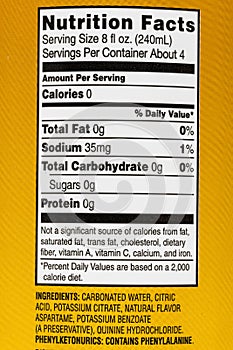 Tonic carbonated water nutrition facts label calories