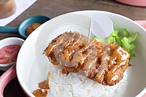 Tonkatsu, Fried pork cutlet lay on top of rice, serving on white plate. Traditional Japanese food