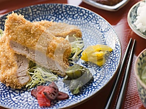 Tonkatsu Plated with Rice Miso Soup and Pickles