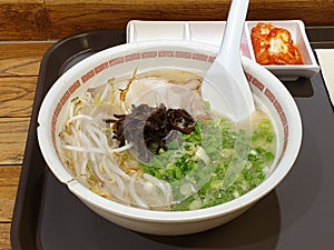 Tonkotsu ramen, or Hakata ramen, noodle dish originated in Fukuoka, Kyushu, Japan. Soup broth based on pork bones.
