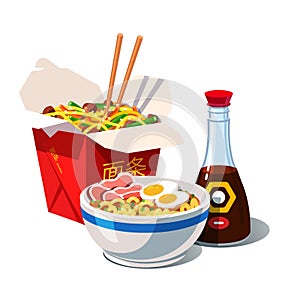 Tonkotsu ramen soup bowl with noodles, chopsticks, carton takeaway box. Traditional Chinese, Japanese dish set