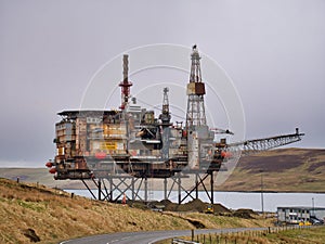 The 14,200 tonne top structure of the Ninian Northern offshore oil platform at the heavy-duty decommissioning pad at Dales Voe