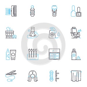 Tonsorial artist linear icons set. Haircuts, Grooming, Styling, Clippers, Scissors, Razors, Barber line vector and