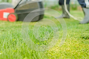 Tonsured lawn and the red lawn mower/lawn mower is cleaned from a grass. Selective focus