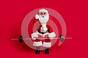 Too heavy. Full length photo of retired old man white beard hold barbell shocked look almost drop wear x-mas santa