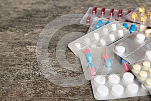 too many different pill of various blisters with different pills Medicines storage at home concept Medication storing. A