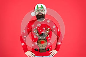 Too much prep. hipster man reindeer on sweater. winter holiday. warm clothes protect from cold. new year is coming