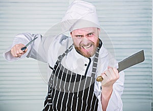 Too much salt. chef ready for cooking. cook in restaurant, uniform. angry bearded man with knife. love eating food