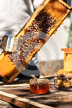 A tool of the beekeeper to work with bees. Smoker, cutting wax lids with hot fork from honeycomb for honey extraction, honeycomb