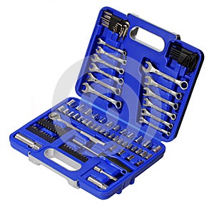 Tool box isolated on white background. blue toolkit photo