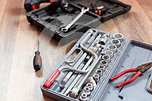 Tool box. Toolset with interior compartments to keep wrenches, ring spanners, hammer, pliers, screwdrivers, monkey